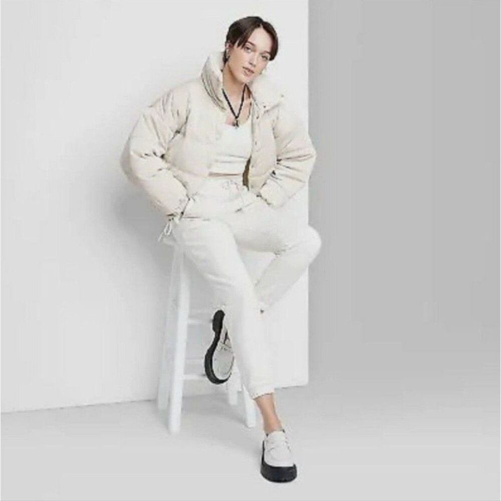 Women's Iridescent Shine Duvet Snap Puffer Jacket Wild Fable, Light Beige XL